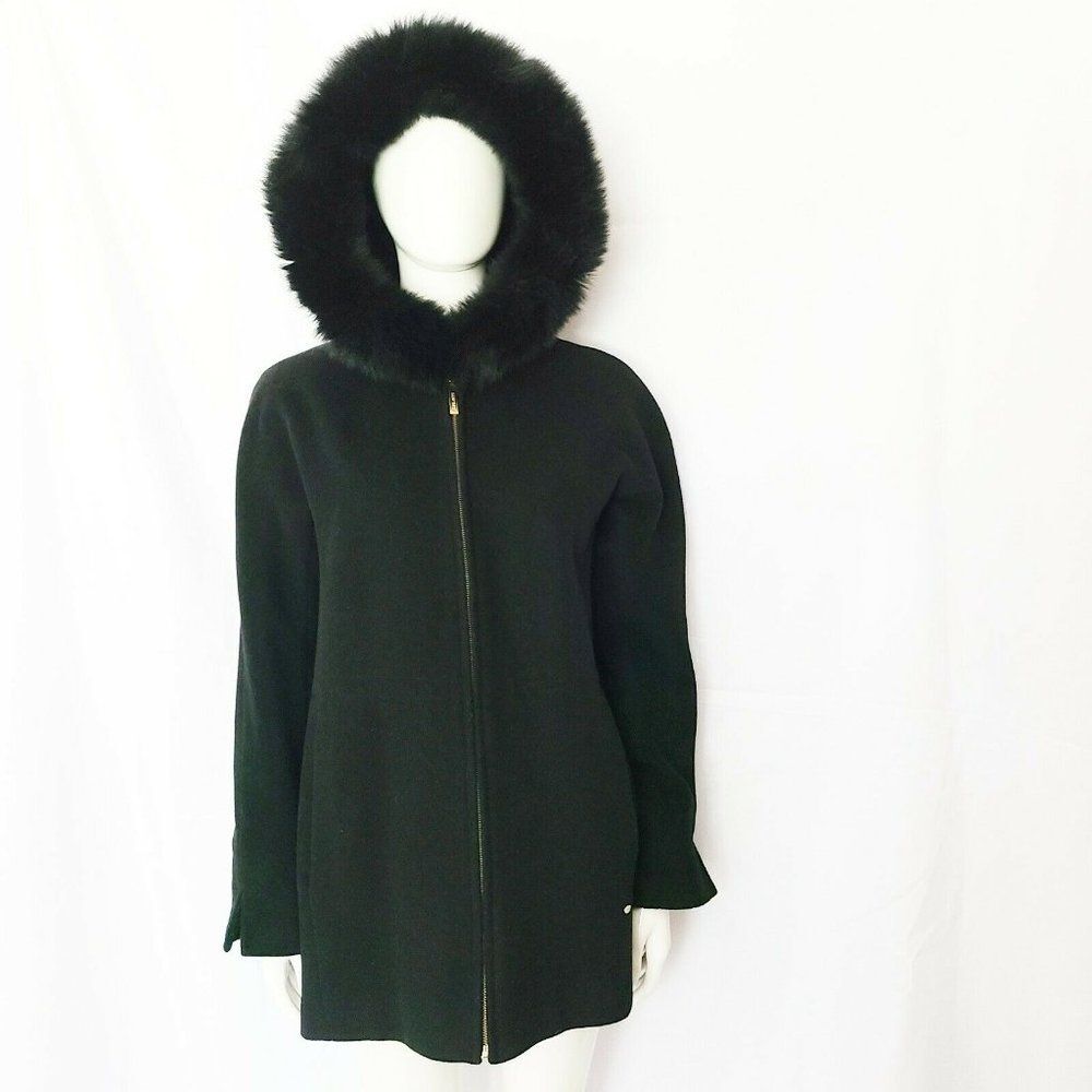 Ellen Tracy Wool Coat Blue Fox Fur Collar‎ Small Navy Blue Luxury Winter Classic